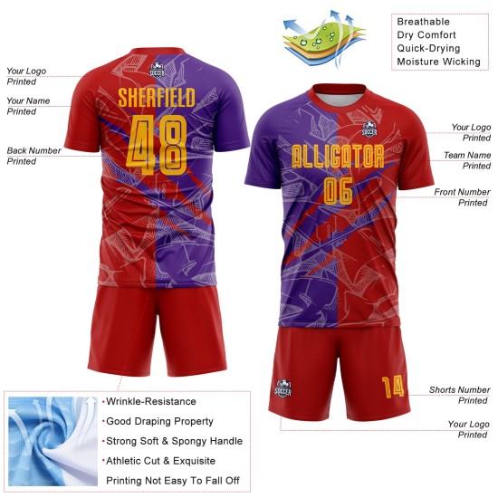 Benutzerdefinierte Graffiti Muster Gelb Rot-Lila Scratch Sublimation Fußball Uniform Jersey Benutzerdefinierte Graffiti Muster Gelb Rot-Lila Scratch Sublimation Fußball Uniform Jersey