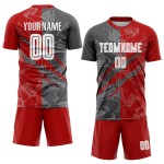 Benutzerdefinierte Graffiti Muster Rot-Stahl Grau Scratch Sublimation Fußball Uniform Jersey Benutzerdefinierte Graffiti Muster Rot-Stahl Grau Scratch Sublimation Fußball Uniform Jersey