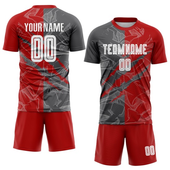 Benutzerdefinierte Graffiti Muster Rot-Stahl Grau Scratch Sublimation Fußball Uniform Jersey Benutzerdefinierte Graffiti Muster Rot-Stahl Grau Scratch Sublimation Fußball Uniform Jersey