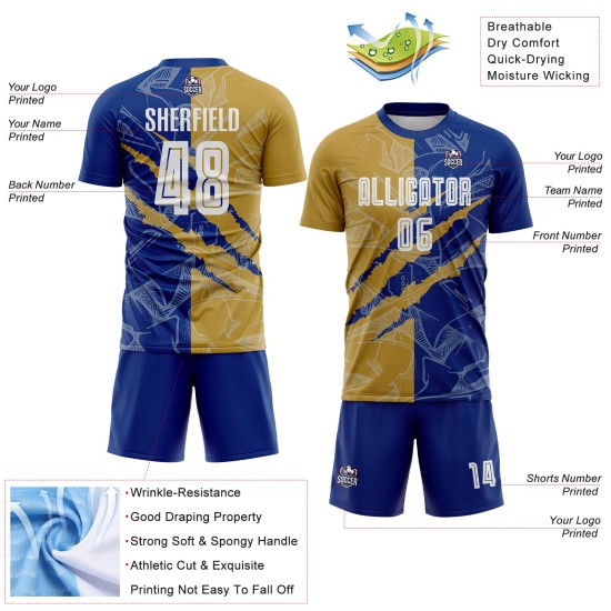 Benutzerdefinierte Graffiti Muster Alt Gold-Royal Scratch Sublimation Fußball Uniform Jersey