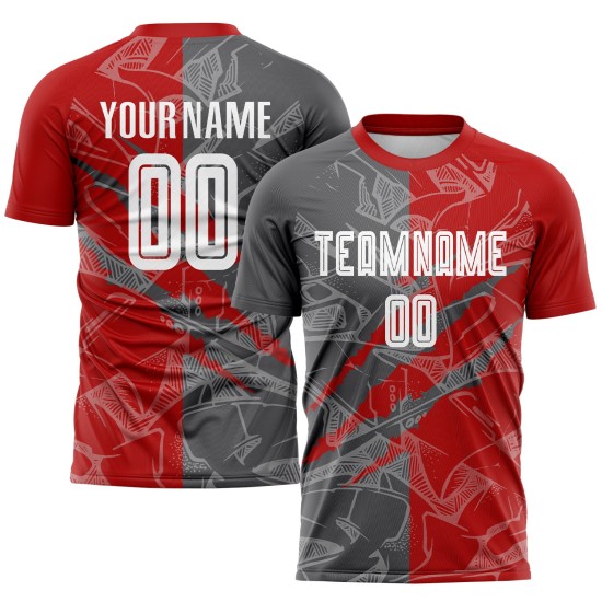 Benutzerdefinierte Graffiti Muster Rot-Stahl Grau Scratch Sublimation Fußball Uniform Jersey Benutzerdefinierte Graffiti Muster Rot-Stahl Grau Scratch Sublimation Fußball Uniform Jersey