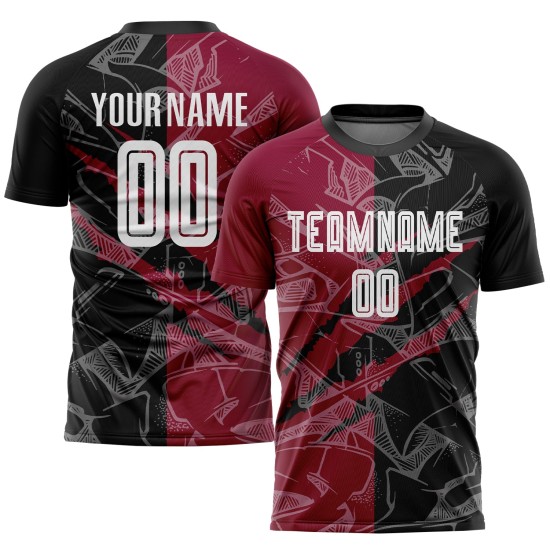 Benutzerdefiniertes Graffiti-Muster Schwarz-Kastanienbraun Scratch Sublimation Fußballuniform Trikot Benutzerdefiniertes Graffiti-Muster Schwarz-Kastanienbraun Scratch Sublimation Fußballuniform Trikot