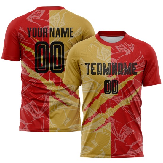 Benutzerdefinierte Graffiti Muster Schwarz Rot-Alt Gold Scratch Sublimation Fußball Uniform Jersey