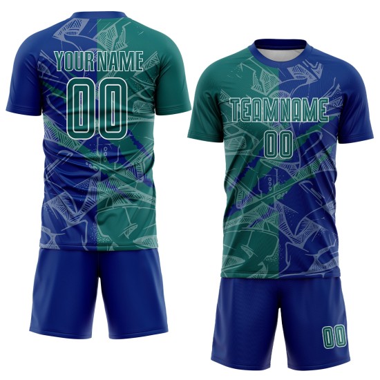 Benutzerdefinierte Graffiti Muster Teal-Royal Scratch Sublimation Fußball Uniform Jersey