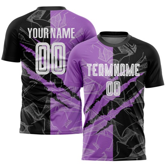 Benutzerdefinierte Graffiti Muster Schwarz-Mittel Lila Scratch Sublimation Fußball Uniform Jersey Benutzerdefinierte Graffiti Muster Schwarz-Mittel Lila Scratch Sublimation Fußball Uniform Jersey