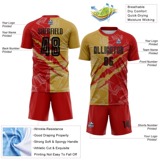 Benutzerdefinierte Graffiti Muster Schwarz Rot-Alt Gold Scratch Sublimation Fußball Uniform Jersey