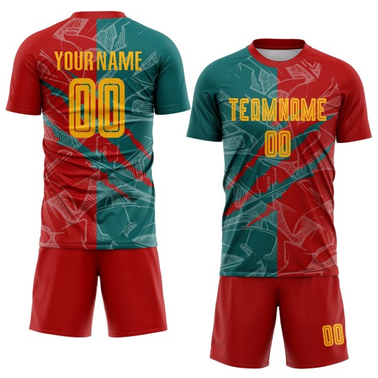 Benutzerdefinierte Graffiti Muster Gelb Rot-Teal Scratch Sublimation Fußball Uniform Jersey