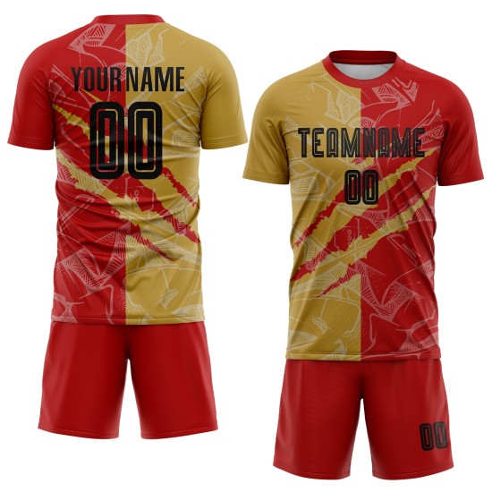 Benutzerdefinierte Graffiti Muster Schwarz Rot-Alt Gold Scratch Sublimation Fußball Uniform Jersey