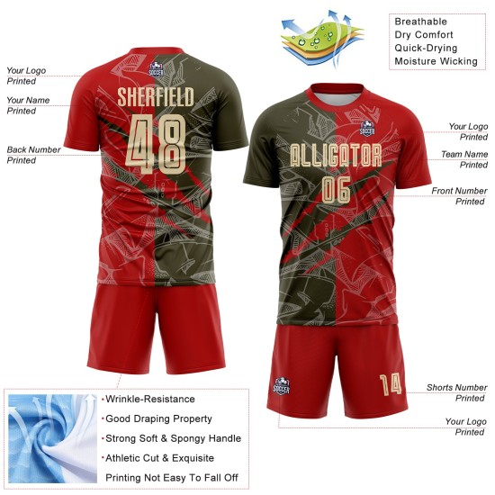 Benutzerdefinierte Graffiti Muster Stadt Creme Rot-Oliv Scratch Sublimation Fußball Uniform Trikot
