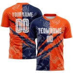 Benutzerdefinierte Graffiti Muster Navy-Orange Scratch Sublimation Fußball Uniform Jersey Benutzerdefinierte Graffiti Muster Navy-Orange Scratch Sublimation Fußball Uniform Jersey