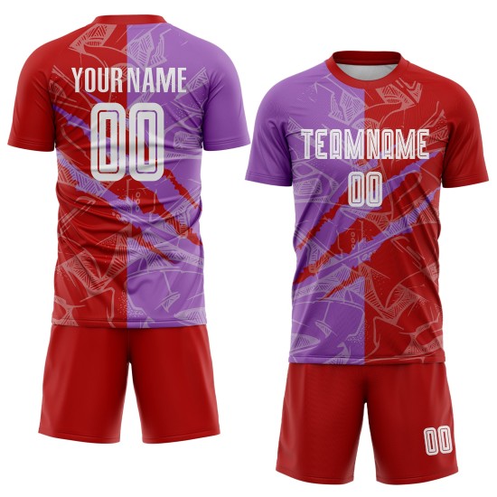 Benutzerdefinierte Graffiti Muster Rot-Mittel Lila Scratch Sublimation Fußball Uniform Jersey Benutzerdefinierte Graffiti Muster Rot-Mittel Lila Scratch Sublimation Fußball Uniform Jersey
