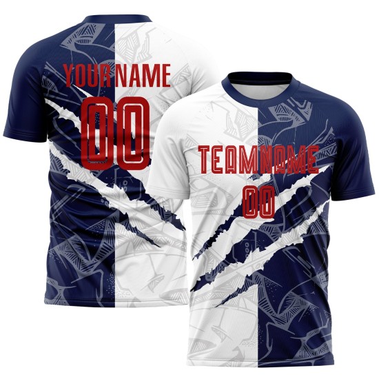 Benutzerdefinierte Graffiti Muster Rot-Navy Scratch Sublimation Fußball Uniform Jersey Benutzerdefinierte Graffiti Muster Rot-Navy Scratch Sublimation Fußball Uniform Jersey
