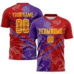 Benutzerdefinierte Graffiti Muster Gelb Rot-Lila Scratch Sublimation Fußball Uniform Jersey Benutzerdefinierte Graffiti Muster Gelb Rot-Lila Scratch Sublimation Fußball Uniform Jersey