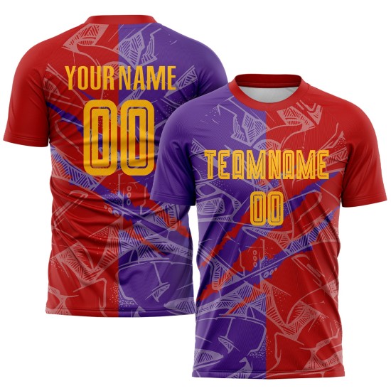 Benutzerdefinierte Graffiti Muster Gelb Rot-Lila Scratch Sublimation Fußball Uniform Jersey Benutzerdefinierte Graffiti Muster Gelb Rot-Lila Scratch Sublimation Fußball Uniform Jersey
