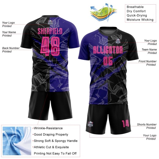 Benutzerdefinierte Graffiti Muster Rosa Schwarz-Dunkel Lila Scratch Sublimation Fußball Uniform Jersey Benutzerdefinierte Graffiti Muster Rosa Schwarz-Dunkel Lila Scratch Sublimation Fußball Uniform Jersey