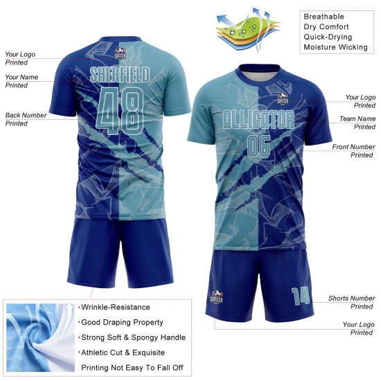 Benutzerdefinierte Graffiti Muster Schatten Blau-Royal Scratch Sublimation Fußball Uniform Jersey Benutzerdefinierte Graffiti Muster Schatten Blau-Royal Scratch Sublimation Fußball Uniform Jersey