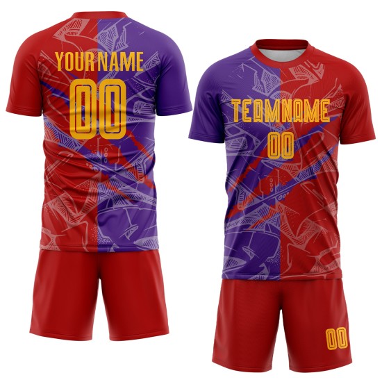 Benutzerdefinierte Graffiti Muster Gelb Rot-Lila Scratch Sublimation Fußball Uniform Jersey Benutzerdefinierte Graffiti Muster Gelb Rot-Lila Scratch Sublimation Fußball Uniform Jersey