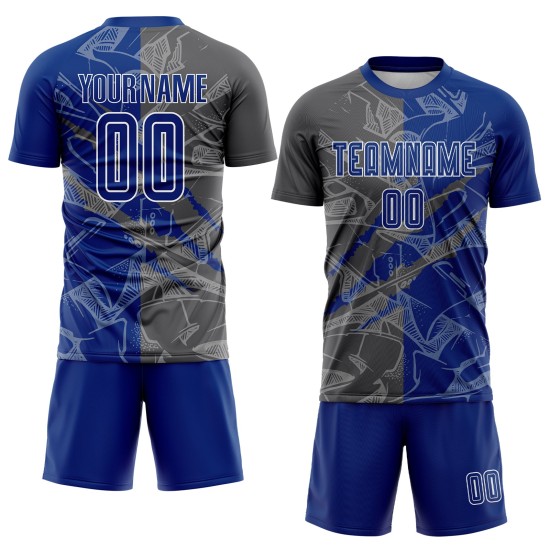 Benutzerdefinierte Graffiti Muster Royal-Steel Grau Scratch Sublimation Fußball Uniform Jersey Benutzerdefinierte Graffiti Muster Royal-Steel Grau Scratch Sublimation Fußball Uniform Jersey