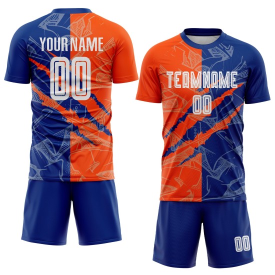 Benutzerdefinierte Graffiti Muster Royal-Orange Scratch Sublimation Fußball Uniform Jersey Benutzerdefinierte Graffiti Muster Royal-Orange Scratch Sublimation Fußball Uniform Jersey
