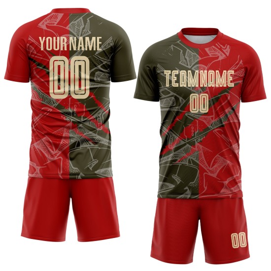 Benutzerdefinierte Graffiti Muster Stadt Creme Rot-Oliv Scratch Sublimation Fußball Uniform Trikot